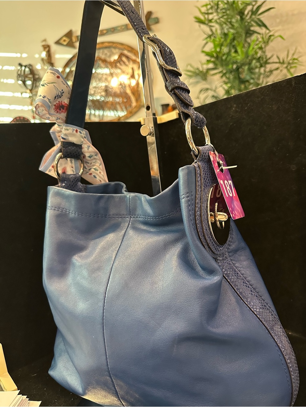 Coach #187 Penelope reptile handle Hobo  Blue Leather Shoulder